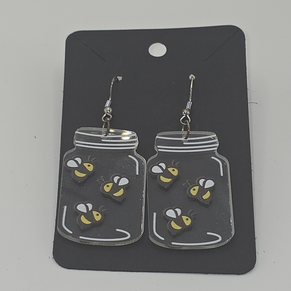 Clear Bumble Bee Jar Hook Earrings HypoAllergenic Handmade See Through‎ w/ Bees